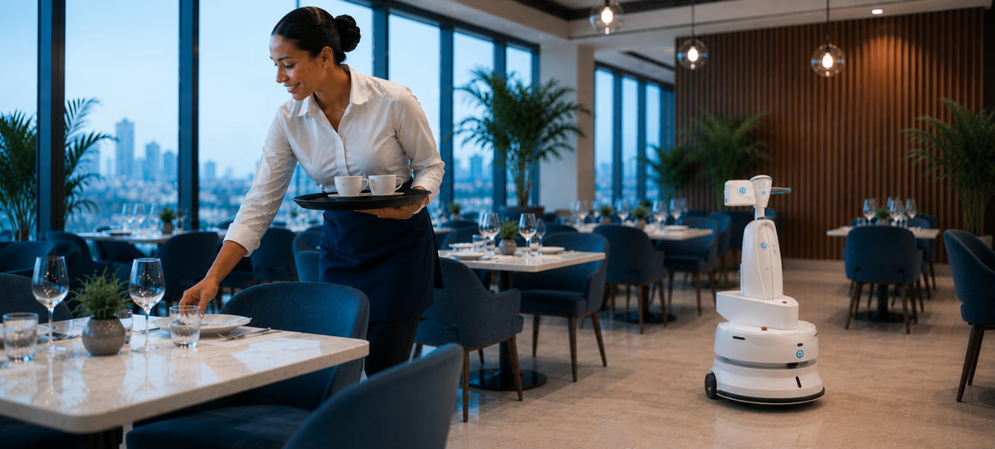 i-walk de i-team en un restaurante moderno, representando el nuevo modelo operativo en las empresas de limpieza.